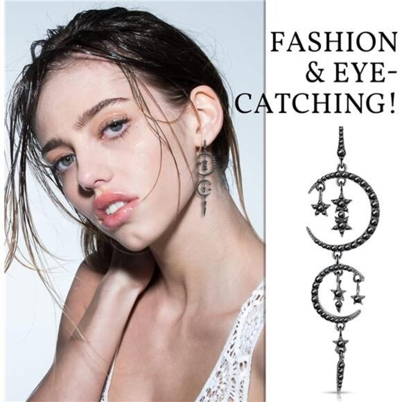 2 Pairs Silver Crescent Moon Star Statement Earrings Gothic Boho Dangle Earrings - Picture 3 of 5